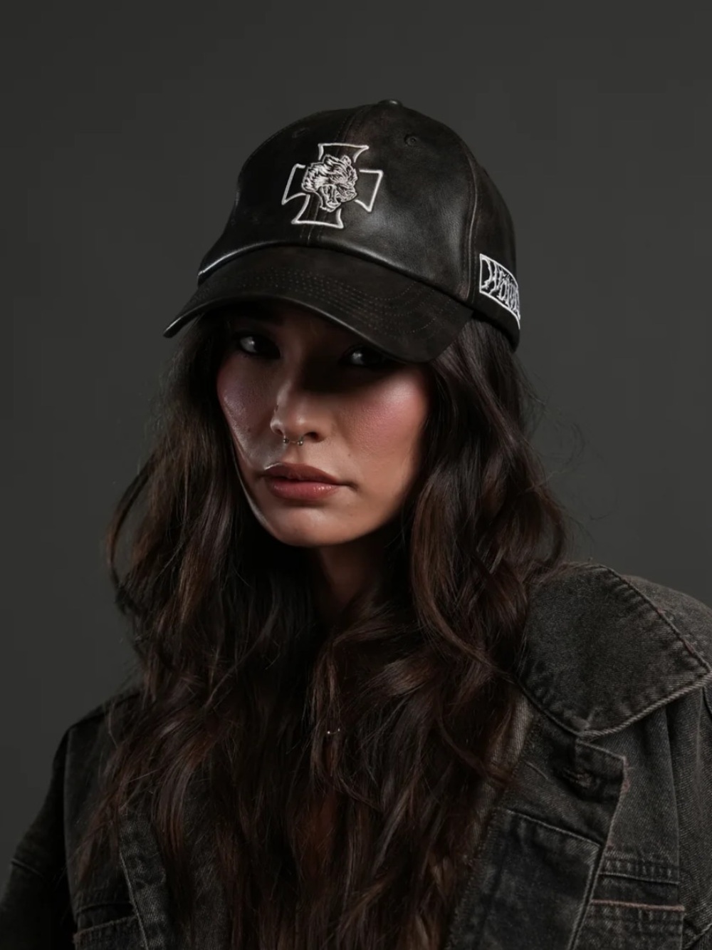DarcSport Black Faux Leather Dad Hat with Embroidered Cross